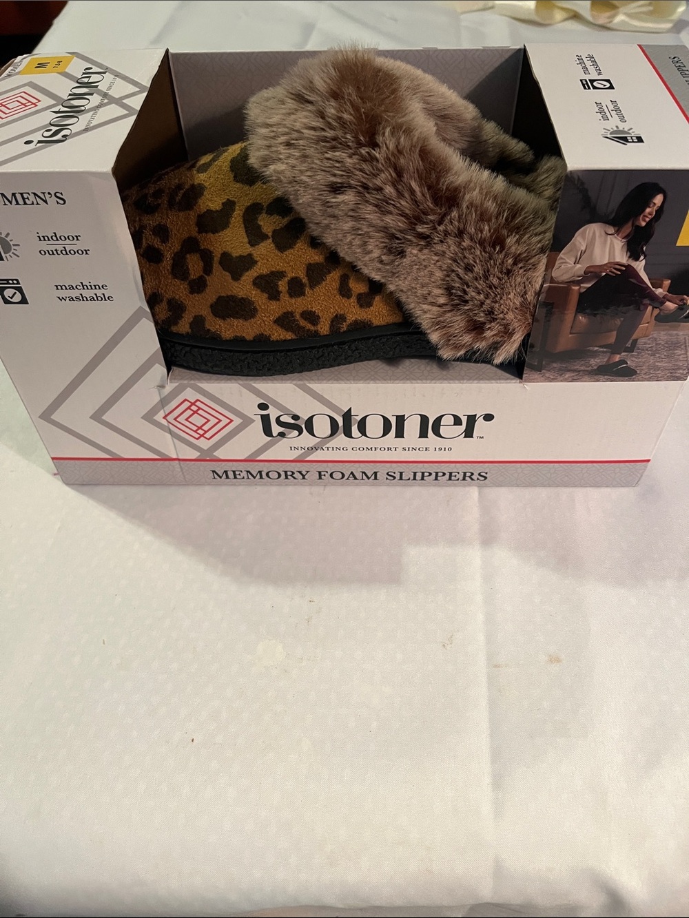 isotoner Leopard-Pattern Memory Foam Slippers with Faux Fur Cuff - Brown/Tan